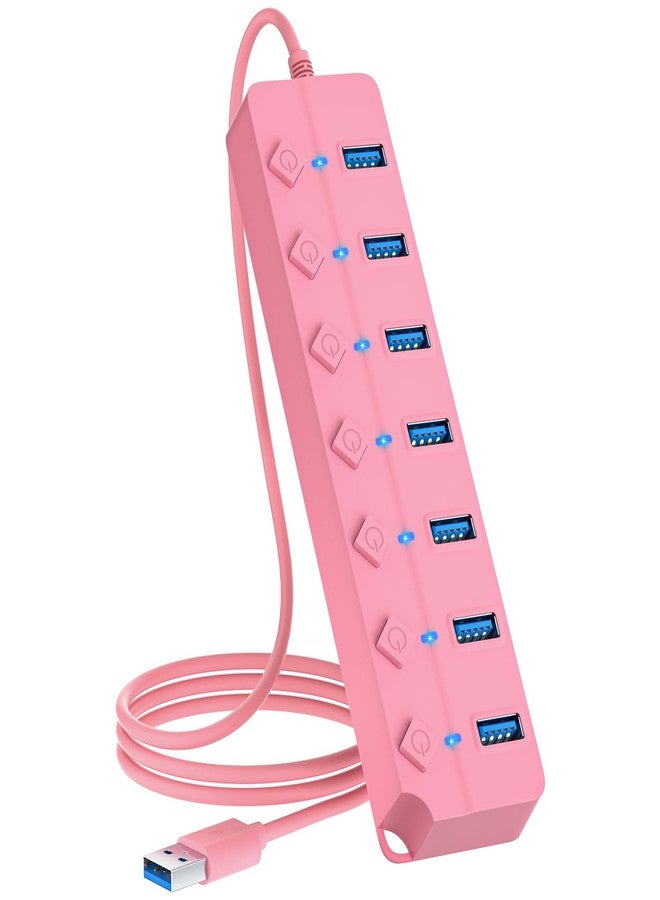 ONFINIO USB Hub 3.0, 7-Port USB Hub Splitter with Individual On/Off Switches and Lights, 3.2ft/1m Long Cable Compatible with MacBook, Laptop, Surface Pro, PS4, PC, Flash Drive, Mobile HDD-Pink - Image 1